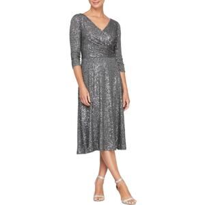 Alex Evenings Sequined Long Sleeve A-Line Midi Cocktail Dress Silver Size 14